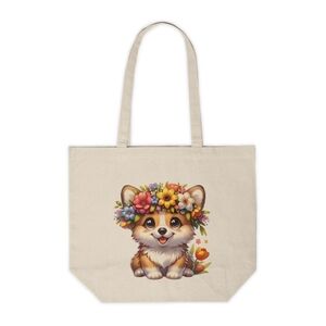 Corgi Floral Crown Custom Canvas Tote Bag